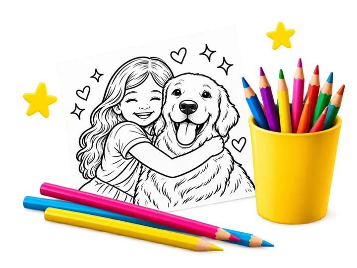 A coloring page and colorful pencils