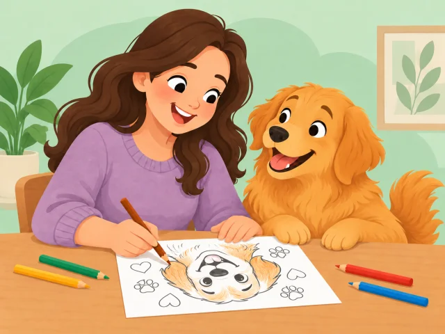 A pet owner coloring a dog portrait beside their golden retriever