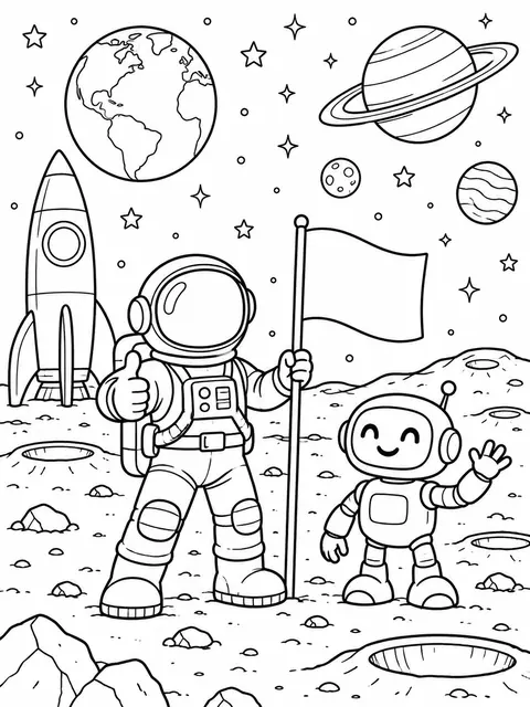 Moon Explorers coloring page in classic line art