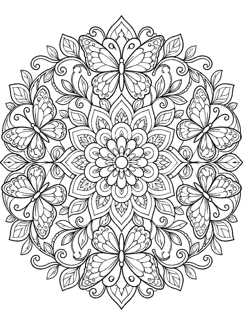 Butterfly Mandala coloring page in mandala line art