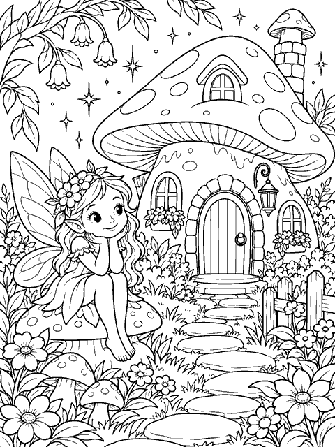 Fairy Cottage coloring page in storybook line art