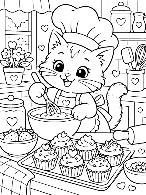 Kitten Bakery coloring page in cartoon line art