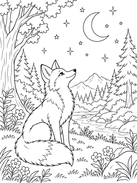 Moonlit Fox coloring page in storybook line art