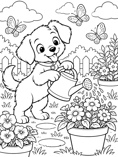 Puppy Garden coloring page in cartoon line art