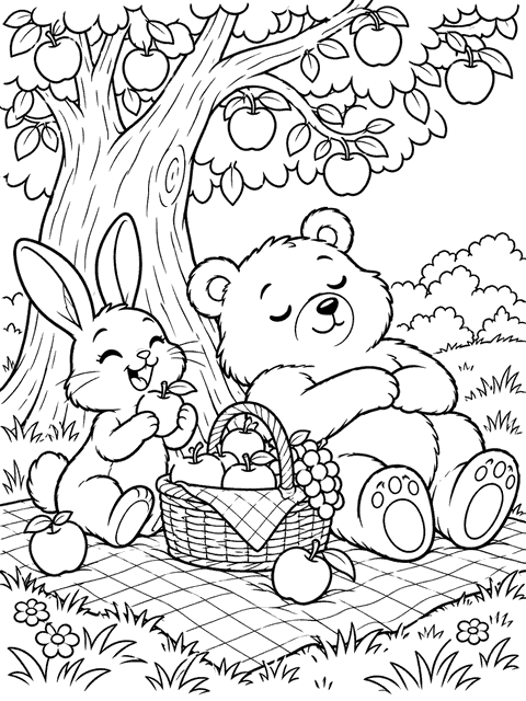 Picnic Pals coloring page in cartoon line art