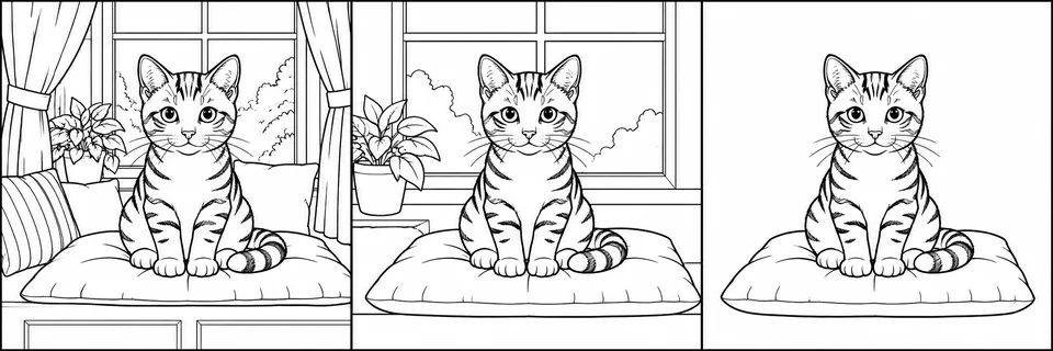 Three coloring page examples show a full room scene, a simplified background, and the main subject on white