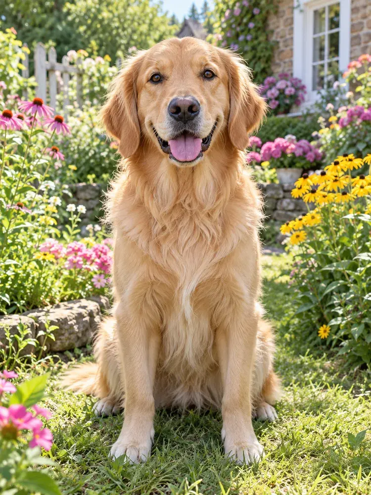 Original golden retriever photo in a flower garden