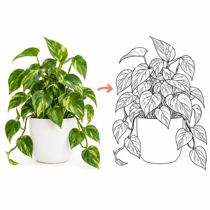Potted trailing plant beside a leaf-by-leaf black-and-white coloring page outline