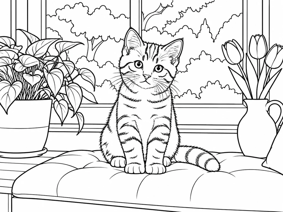 Black-and-white coloring page of the same kitten, cushion, plants and tulips