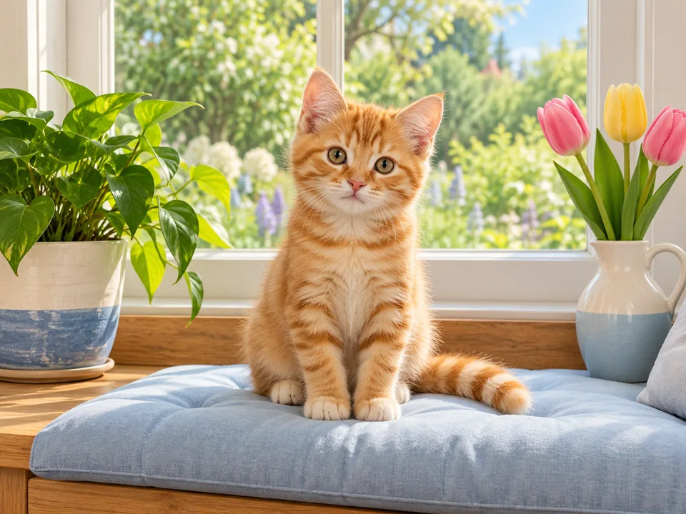 Ginger kitten on a blue window cushion beside plants and tulips, original photo