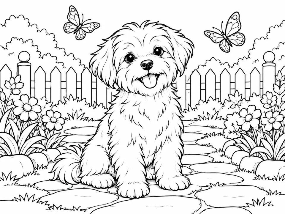 Illustrative black-and-white landscape coloring page of a small dog sitting on a garden path with flowers and butterflies