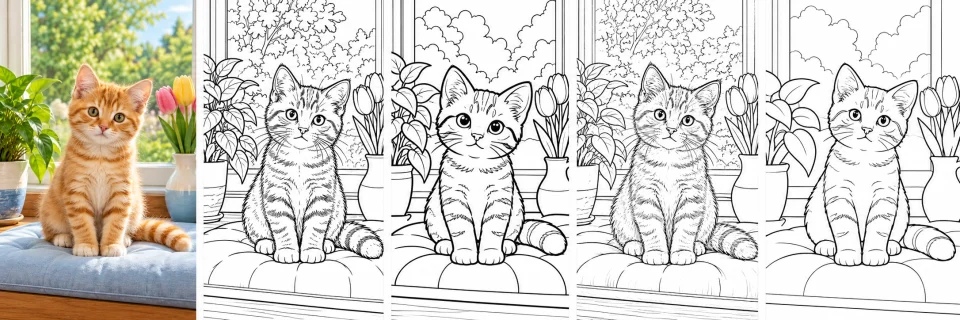 Illustrative ginger kitten photo beside four black-and-white coloring page styles: Classic, Cartoon, Realistic Sketch, and Minimal Outline
